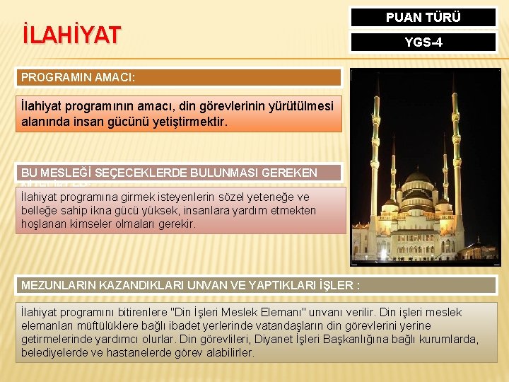 İLAHİYAT PUAN TÜRÜ YGS-4 PROGRAMIN AMACI: İlahiyat programının amacı, din görevlerinin yürütülmesi alanında insan