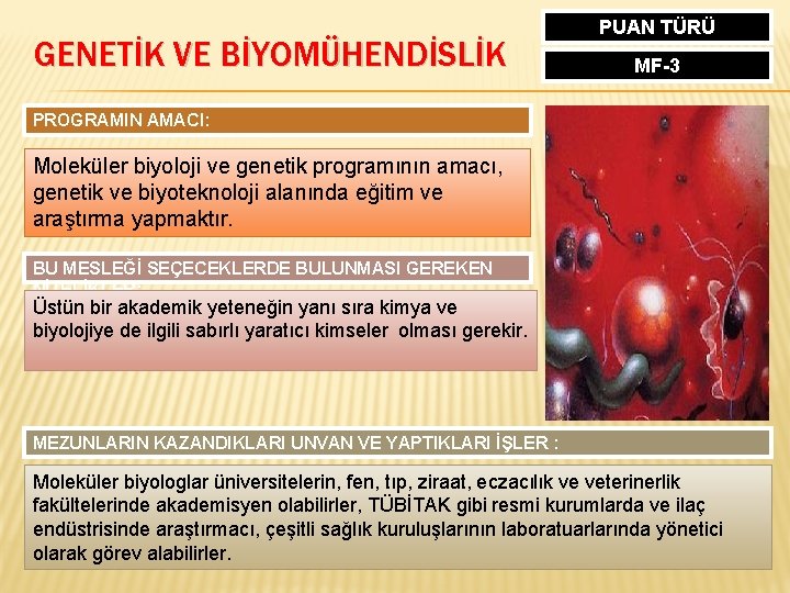 GENETİK VE BİYOMÜHENDİSLİK PUAN TÜRÜ MF-3 PROGRAMIN AMACI: Moleküler biyoloji ve genetik programının amacı,