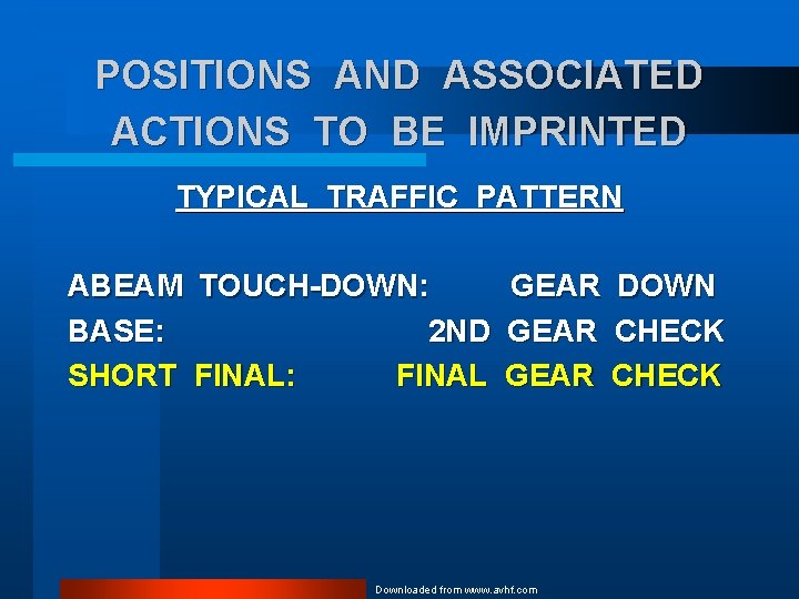 POSITIONS AND ASSOCIATED ACTIONS TO BE IMPRINTED TYPICAL TRAFFIC PATTERN ABEAM TOUCH-DOWN: GEAR BASE: