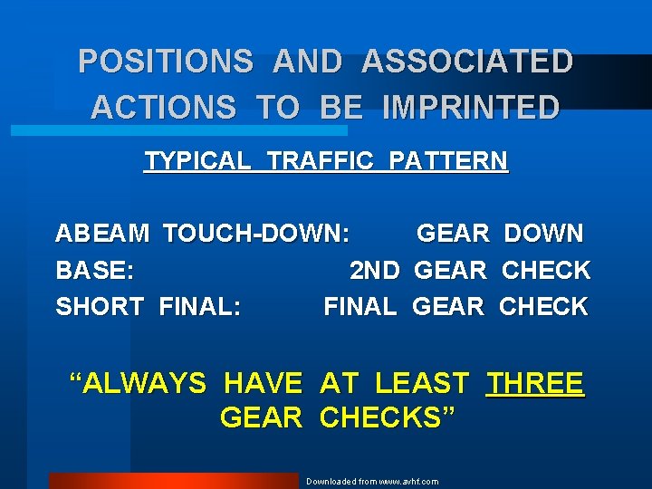 POSITIONS AND ASSOCIATED ACTIONS TO BE IMPRINTED TYPICAL TRAFFIC PATTERN ABEAM TOUCH-DOWN: GEAR BASE: