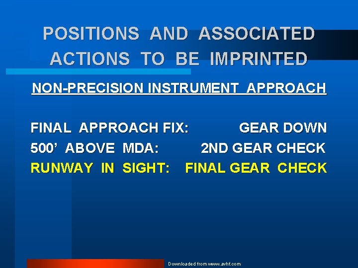 POSITIONS AND ASSOCIATED ACTIONS TO BE IMPRINTED NON-PRECISION INSTRUMENT APPROACH FINAL APPROACH FIX: GEAR