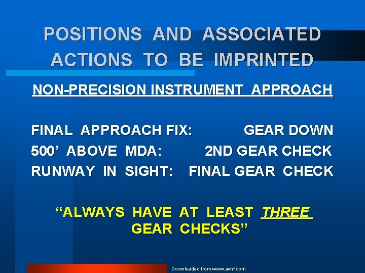 POSITIONS AND ASSOCIATED ACTIONS TO BE IMPRINTED NON-PRECISION INSTRUMENT APPROACH FINAL APPROACH FIX: GEAR