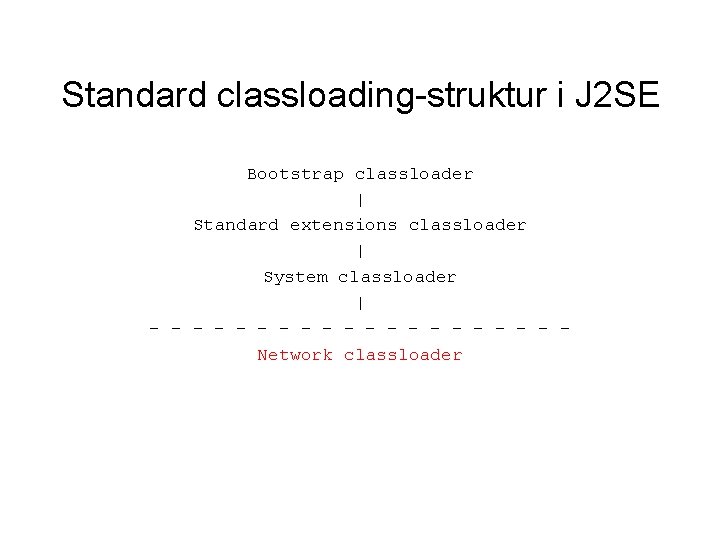 Standard classloading-struktur i J 2 SE Bootstrap classloader | Standard extensions classloader | System
