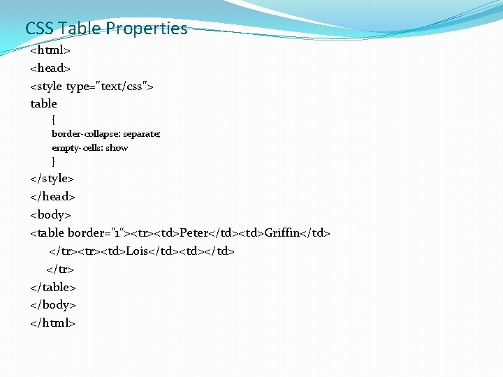 CSS Table Properties <html> <head> <style type="text/css"> table { border-collapse: separate; empty-cells: show }