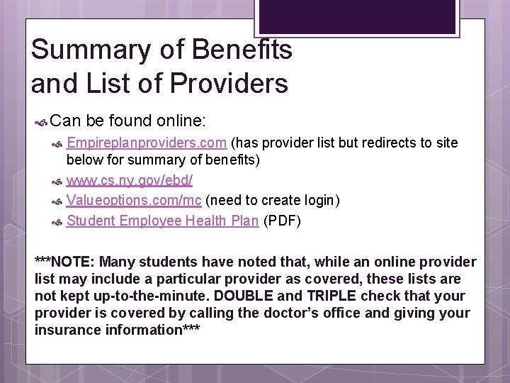 Summary of Benefits and List of Providers Can be found online: Empireplanproviders. com (has Summary of Benefits and List of Providers Can be found online: Empireplanproviders. com (has