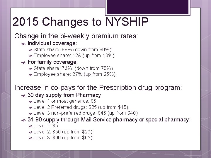 2015 Changes to NYSHIP Change in the bi-weekly premium rates: Individual coverage: State share: 2015 Changes to NYSHIP Change in the bi-weekly premium rates: Individual coverage: State share: