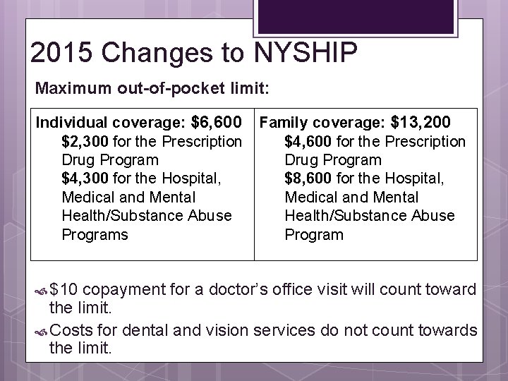 2015 Changes to NYSHIP Maximum out-of-pocket limit: Individual coverage: $6, 600 $2, 300 for 2015 Changes to NYSHIP Maximum out-of-pocket limit: Individual coverage: $6, 600 $2, 300 for