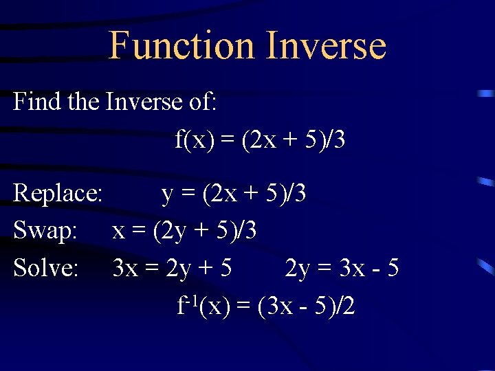 Function Inverse Find the Inverse of: f(x) = (2 x + 5)/3 Replace: y