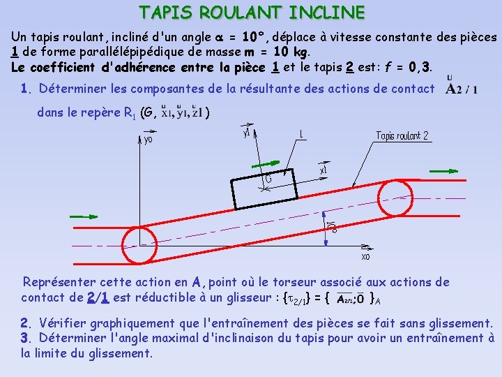 TAPIS ROULANT INCLINE Un tapis roulant, incliné d'un angle = 10°, déplace à vitesse