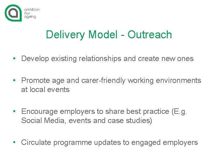 Delivery Model - Outreach • Develop existing relationships and create new ones • Promote