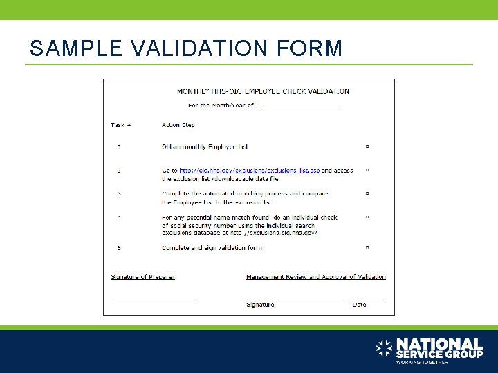 SAMPLE VALIDATION FORM 