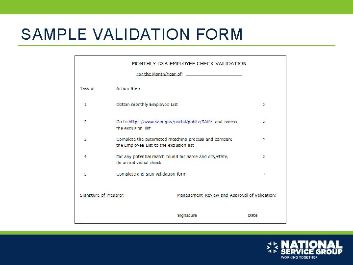 SAMPLE VALIDATION FORM 