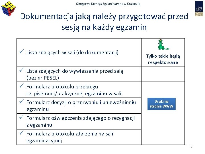 Okręgowa Komisja Egzaminacyjna w Krakowie Dokumentacja jaką należy przygotować przed sesją na każdy egzamin