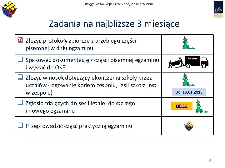 Okręgowa Komisja Egzaminacyjna w Krakowie Zadania na najbliższe 3 miesiące q √ Złożyć protokoły