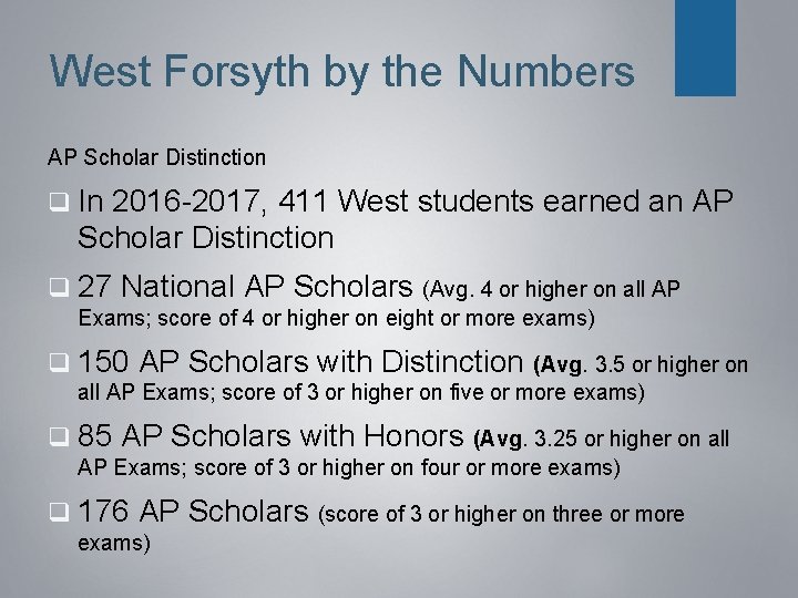 West Forsyth by the Numbers AP Scholar Distinction q In 2016 -2017, 411 West