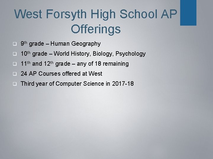 West Forsyth High School AP Offerings q 9 th grade – Human Geography q