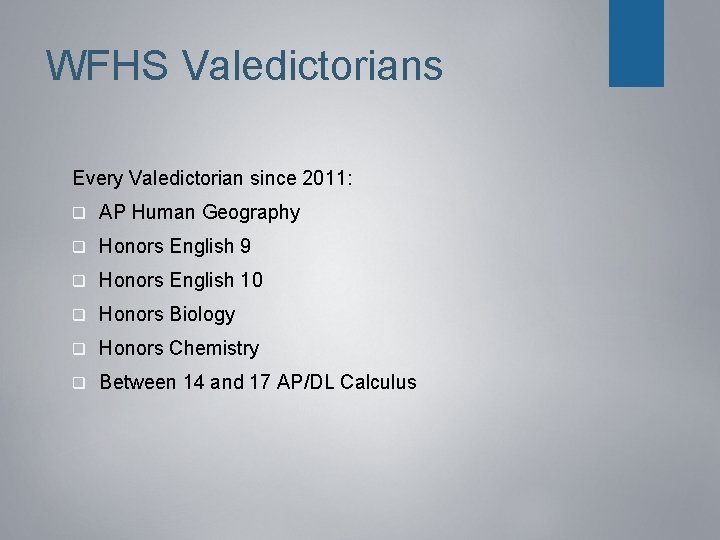 WFHS Valedictorians Every Valedictorian since 2011: q AP Human Geography q Honors English 9