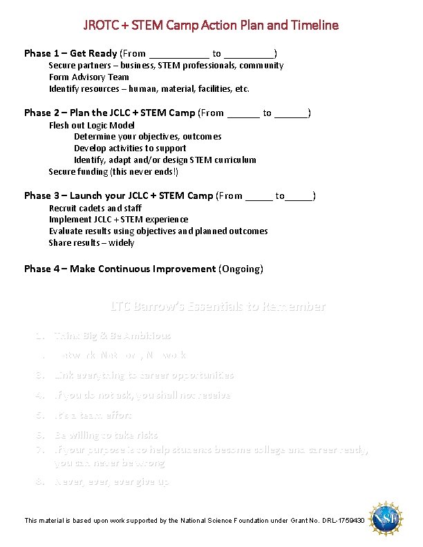 JROTC + STEM Camp Action Plan and Timeline Phase 1 – Get Ready (From