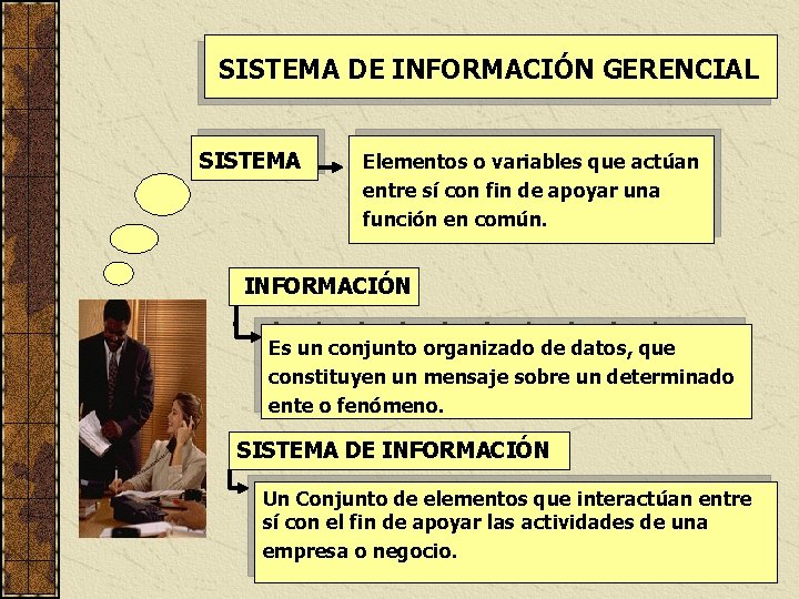 SISTEMA DE INFORMACIÓN GERENCIAL SISTEMA Elementos o variables que actúan entre sí con fin