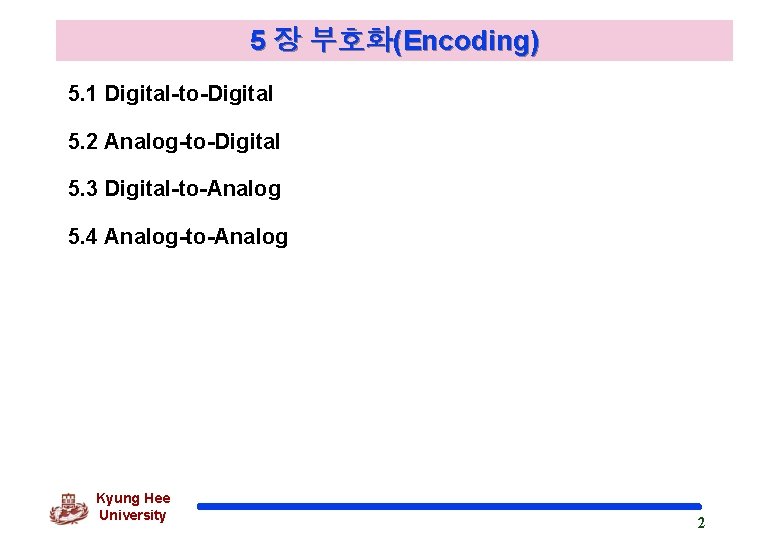 5 장 부호화(Encoding) 5. 1 Digital-to-Digital 5. 2 Analog-to-Digital 5. 3 Digital-to-Analog 5. 4