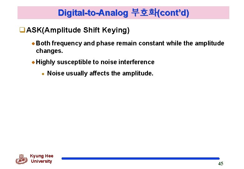 Digital-to-Analog 부호화(cont’d) q. ASK(Amplitude Shift Keying) Both frequency and phase remain constant while the
