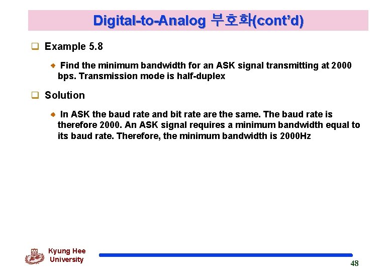 Digital-to-Analog 부호화(cont’d) q Example 5. 8 Find the minimum bandwidth for an ASK signal