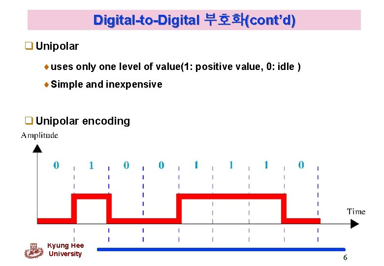 Digital-to-Digital 부호화(cont’d) q Unipolar uses only one level of value(1: positive value, 0: idle