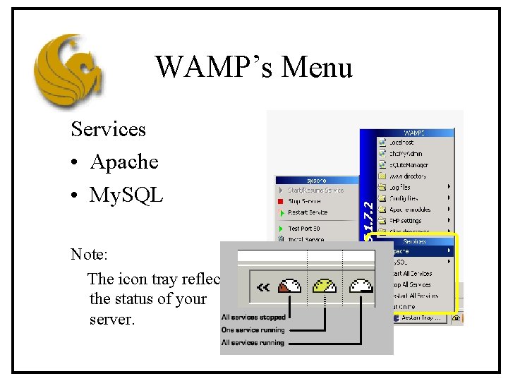 WAMP’s Menu Services • Apache • My. SQL Note: The icon tray reflects the