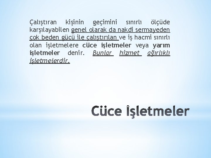 Çalıştıran kişinin geçimini sınırlı ölçüde karşılayabilen genel olarak da nakdi sermayeden çok beden gücü