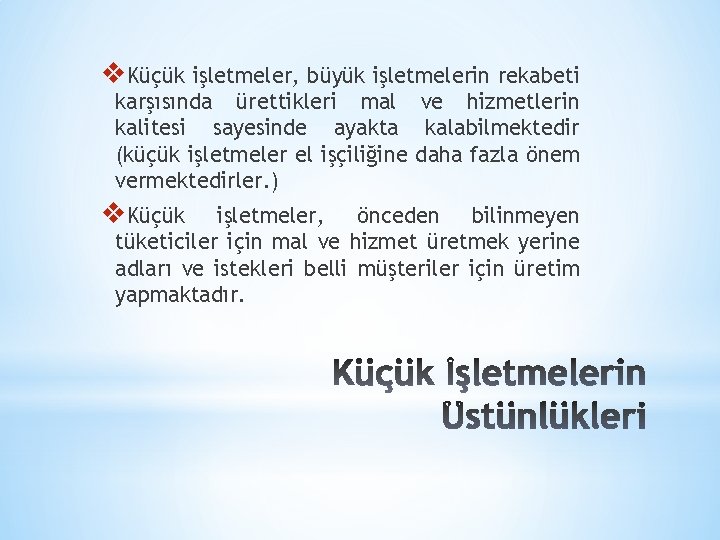 v. Küçük işletmeler, büyük işletmelerin rekabeti karşısında ürettikleri mal ve hizmetlerin kalitesi sayesinde ayakta