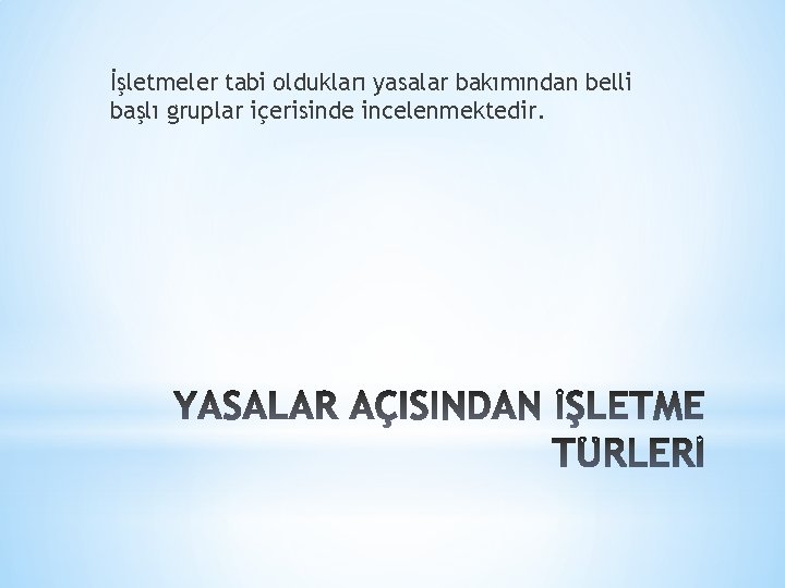 İşletmeler tabi oldukları yasalar bakımından belli başlı gruplar içerisinde incelenmektedir. 