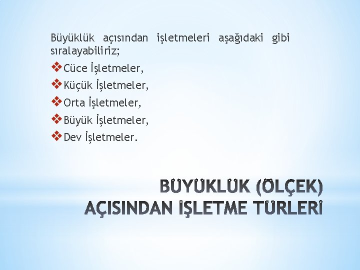 Büyüklük açısından işletmeleri aşağıdaki gibi sıralayabiliriz; v. Cüce İşletmeler, v. Küçük İşletmeler, v. Orta