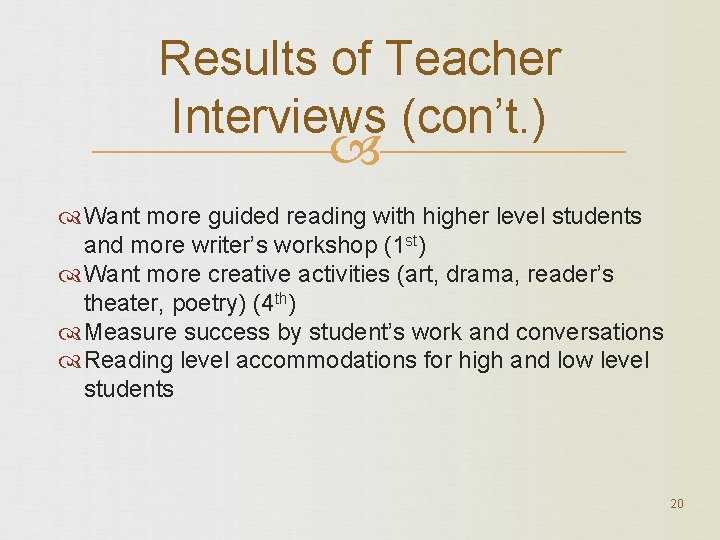 Results of Teacher Interviews (con’t. ) Want more guided reading with higher level students