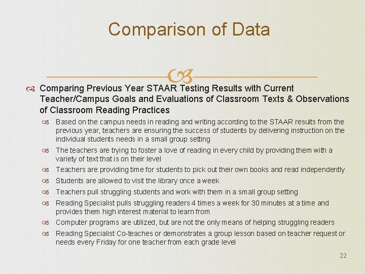 Comparison of Data Comparing Previous Year STAAR Testing Results with Current Teacher/Campus Goals and