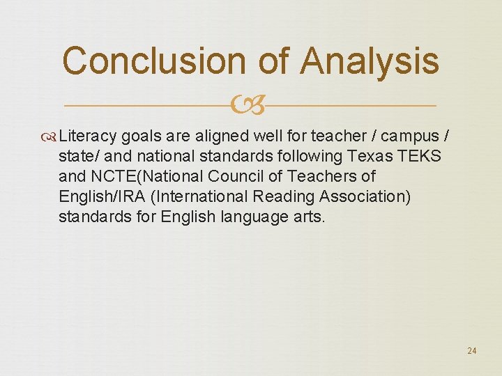 Conclusion of Analysis Literacy goals are aligned well for teacher / campus / state/