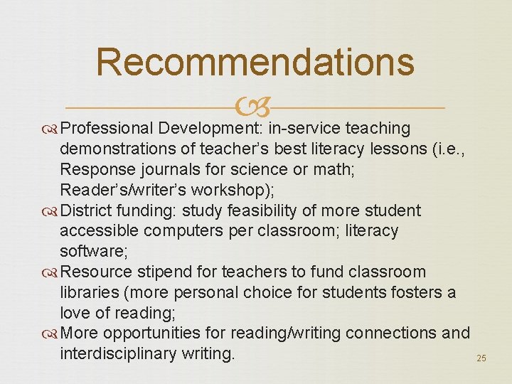 Recommendations Professional Development: in-service teaching demonstrations of teacher’s best literacy lessons (i. e. ,
