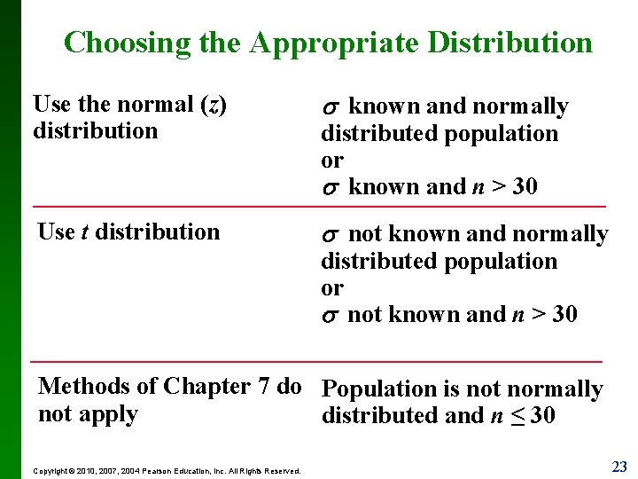 Choosing the Appropriate Distribution Use the normal (z) distribution Use t distribution known and