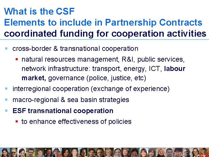 What is the CSF Elements to include in Partnership Contracts coordinated funding for cooperation