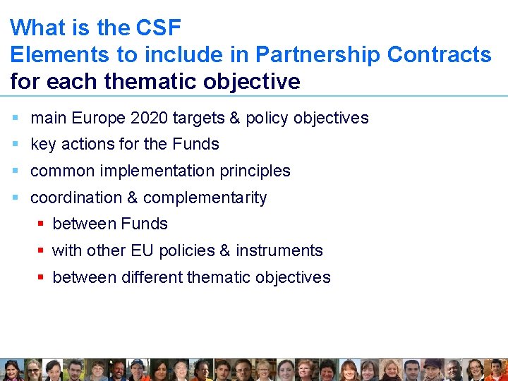 What is the CSF Elements to include in Partnership Contracts for each thematic objective