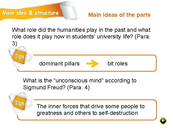 Main idea & structure Main ideas of the parts What role did the humanities