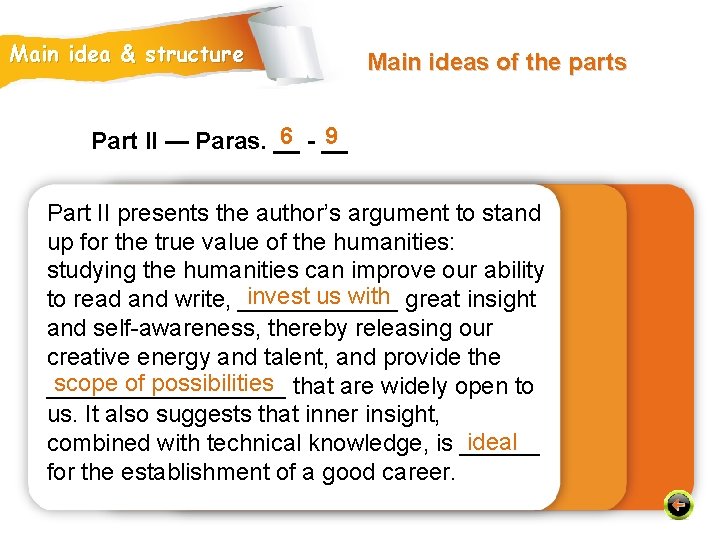 Main idea & structure Main ideas of the parts 6 - __ 9 Part
