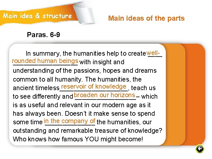 Main idea & structure Main ideas of the parts Paras. 6 -9 In summary,