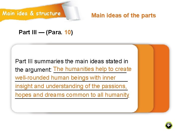 Main idea & structure Main ideas of the parts Part III — (Para. 10)