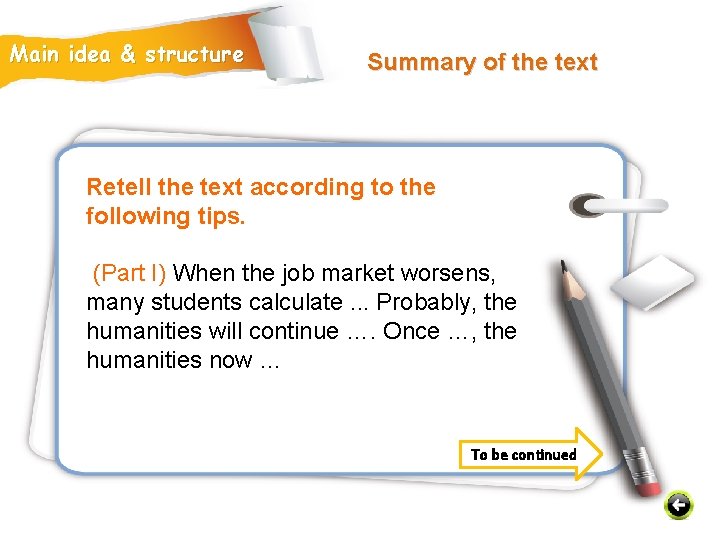 Main idea & structure Summary of the text Retell the text according to the