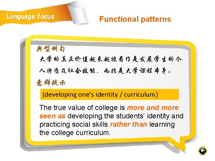 Language focus Functional patterns 典型例句 大学的真正价值越来越被看作是发展学生的个 人特质及社会技能，而非是大学课程本身。 意群提示 (developing one’s identity / curriculum) The