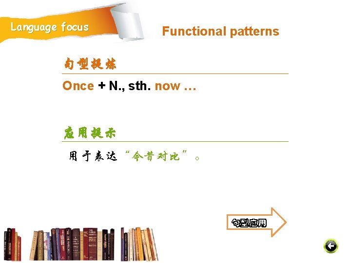 Language focus Functional patterns 句型提炼 Once + N. , sth. now … 应用提示 用于表达“今昔对比”。