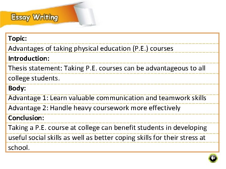 Topic: Advantages of taking physical education (P. E. ) courses Introduction: Thesis statement: Taking
