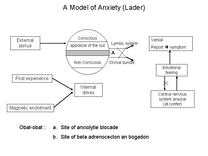 A Model of Anxiety (Lader) External stimuli Conscious appraisal of the out Lymbic system