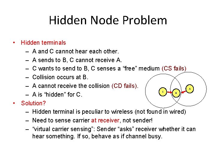 Hidden Node Problem • Hidden terminals – A and C cannot hear each other.