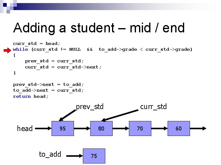 Adding a student – mid / end curr_std = head; while (curr_std != NULL